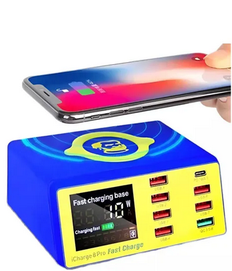 Usb Charge Mechanic Interfaces Wireles 8 Saídas Carga S/ Fio Azul Estação De Carregamento Para Celular